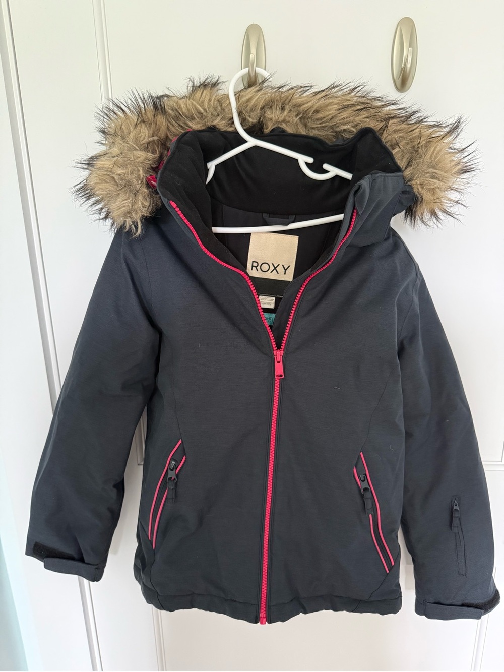 Roxy Girls' American Pie Black Puffer Jacket with Pink Zippers and Faux Fur Hood